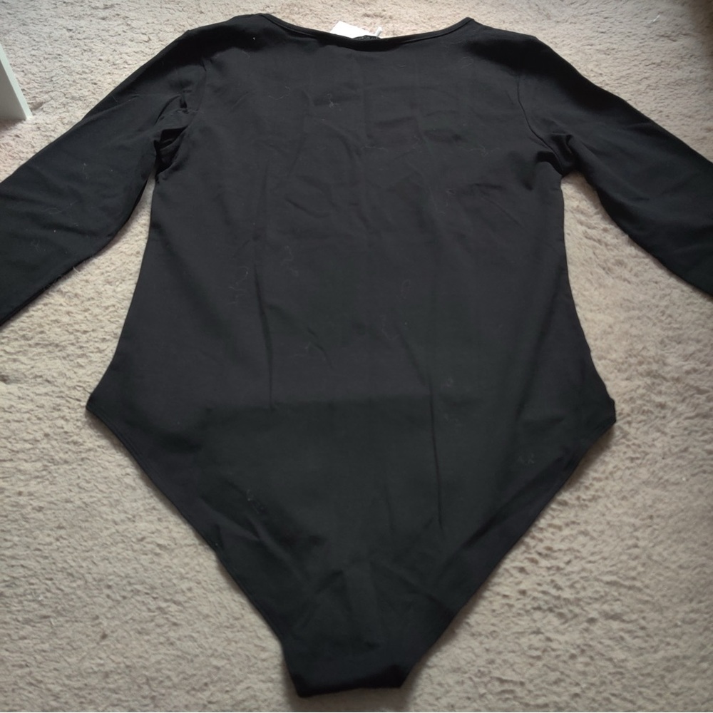 Elegant Black Square Neck Long Sleeve Bodysuit Top Blouse Shirt - Picture 6 of 7